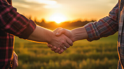 Two farmers shake hands in front of a wheat field.