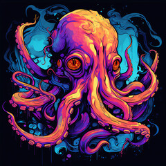 Vibrant 90's Shōnen Anime Style Octopus Illustration with High-Intensity Colors