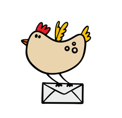 Fat bird, chicken or pigeon flying in the sky carries paper envelope in its paws. Vector cartoon illustration of the letter delivery service by air.