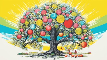 Fototapeta na wymiar a drawing of an apple tree with many apples on the tree and a rainbow in the sky in the background.