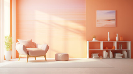 Interior of modern and stylish living room with a warm and inviting ambiance in peach fuzz color 2024