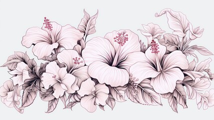 a drawing of a bunch of flowers with pink and white flowers in the middle of the image, on a white background.