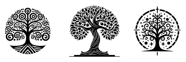 Tree set, organic nature symbols. botanic plant nature symbols, mystical tree branch with leaves, vector illustration. - obrazy, fototapety, plakaty