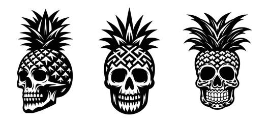 Pineapple skull set., tee shirt graphics, poster, card, banner, sign, vector illustration.