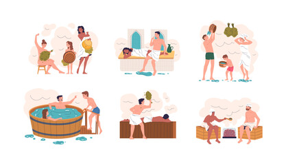 People in banya. Women and man relaxation in public sauna or steam hammam, wellness winter spa procedures in heat water wooden bath with herbs body relax classy vector illustration