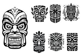 Set of tiki masks, traditional wooden tiki masks with smiles and decoration, vector illustration. - obrazy, fototapety, plakaty