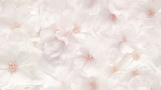 a bunch of white flowers that are on a white surface with a light pink center in the middle of the picture.