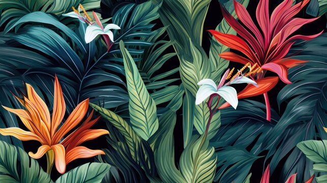  a painting of tropical plants and flowers on a black background with red, orange, and white flowers and green leaves.
