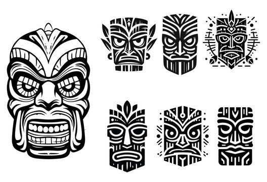 Set of tiki masks, traditional wooden tiki masks with smiles and decoration, vector illustration.