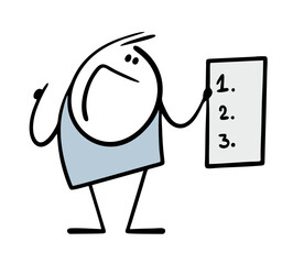 Cute cheerful boy holds sheet of paper with instructions on the points. Vector illustration of cartoon stickman and instructions or work plan. Isolated character on white background.