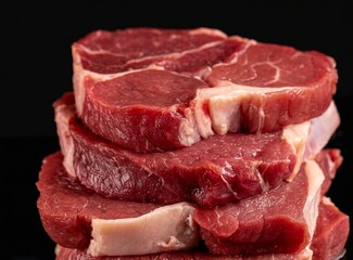 Fototapeta premium Raw beef steaks isolated on black background, closeup