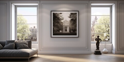 Fototapeta premium Spacious interior with large window, adorned with a prominent picture on wall.