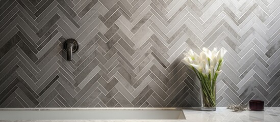 Contemporary ensuite bathroom with a marble mosaic herringbone shower wall. - obrazy, fototapety, plakaty