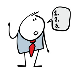 Businessman man in elegant suit tells instructions for work. Vector illustration of smart boss gives an indication, list of items. Cartoon text bubble. Isolated character on white background.