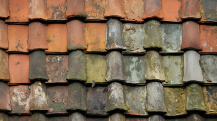 Close-up of overlapping roof tiles with varying degrees of aging