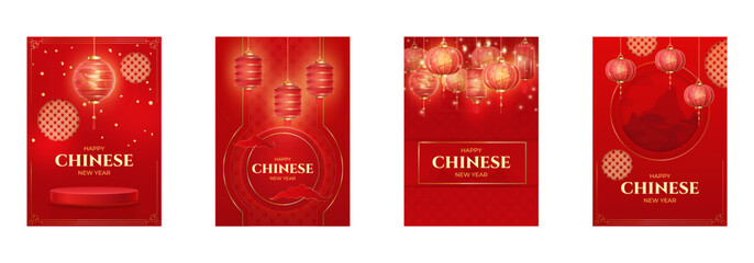 Realistic asian lanterns posters. China new lunar year spring flyers template, festive 3d red banner with lantern traditional ornament decor background decent vector illustration - obrazy, fototapety, plakaty