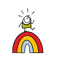 Cartoon happy child walks on a rainbow in the sky. Vector illustration of carefree stickman boy and symbol of joy and positivity. Isolated funny character on white background.