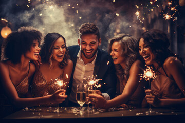 Friends celebrating Christmas or New Year eve party comeliness - obrazy, fototapety, plakaty