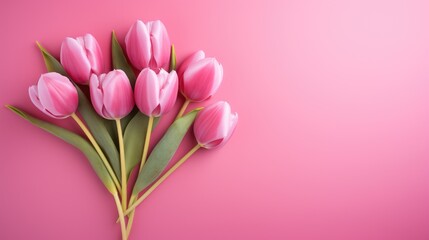 Fototapeta premium Pink tulips with fresh green leaves on a pink background. Beautiful background for a holiday, valentine's day, women's day. An empty space for the text.