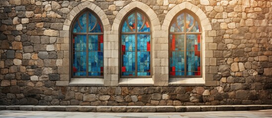 Church with stained glass windows on stone wall.