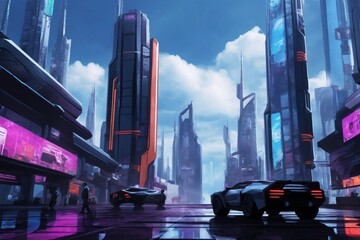 An urban cyberpunk scene with holographic billboards, and futuristic vehicles. - obrazy, fototapety, plakaty