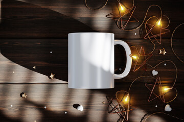 Ceramic mug with star string lights mockup. 3D rendering