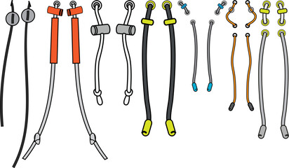 Drawstring cord flat sketch vector illustrator. Set of Draw string with aglets for Waist band, bags, shoes, jackets, Shorts, Pants, dress garments, Drawcord aiglets for Clothing to pulled or tighten