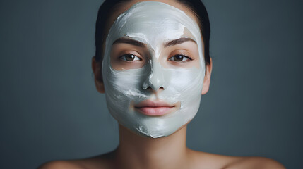 Woman with Facial Mask Treatment on Grey Background