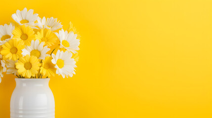 White and Yellow Daisies in Vase on Bright Yellow Background - Powered by Adobe