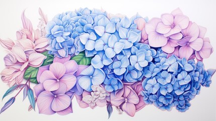  a painting of blue and pink flowers on a white background with a green leafy branch in the middle of the painting.