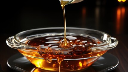  a glass bowl filled with liquid on top of a wooden table next to a plate with a spoon in it.