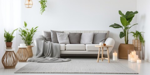 White living room with plants, carpet, candles, and grey couch. Real photo.