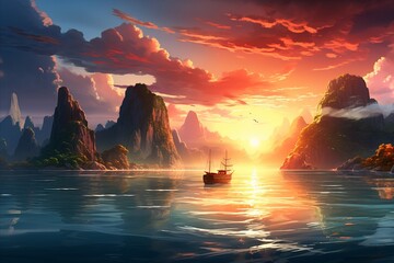 A single boat sails through a tranquil seascape as the sun sets behind towering sea cliffs under a...