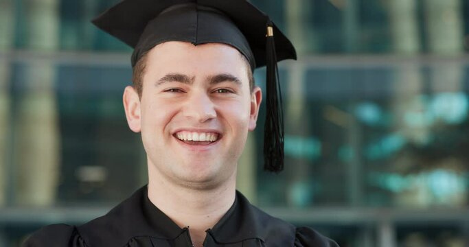 Face, outdoor and man with graduation, college and celebration with cap, smile or university. Portrait, person and academic with student, happiness or achievement with degree, success or scholarship