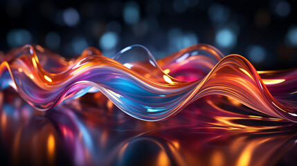 abstract background with glowing light. Wave of smooth, shiny multicolored crystal, like Merano glass. Virtual glass art on a black background. Flow of transparent material. Curve of swirling motion - obrazy, fototapety, plakaty