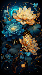 Fototapeta na wymiar Beautiful lotus flowers of different colors on dark background illustration
