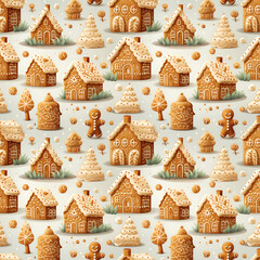 Seamless  New Year's Eve pattern on white background. New Year gingerbread in the form of Christmas trees, houses and gingerbread in the form of people.