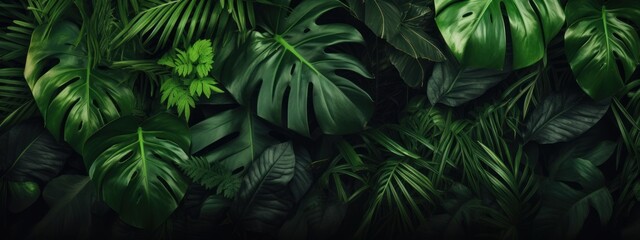 Green leaves background. Green tropical monstera leaves, palm leaves, coconut leaf, fern, palm leaf, banana leaf. Panoramic background. nature concept - Powered by Adobe