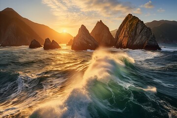 Waves break over the rocky shore as the first light of day touches the hills in the background, creating a dynamic seascape.