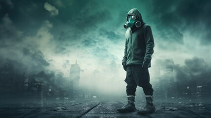 Man wearing gas mask and looking at the city. AI generated