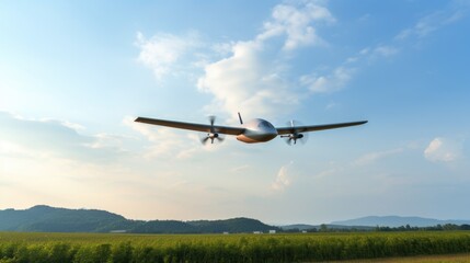 Fototapeta na wymiar Unmanned aircraft prototype flying in the blue sky over the green field at sunset, Ai generated