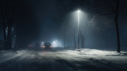 Winter road at night with traffic lights and cars in the fog. AI generated