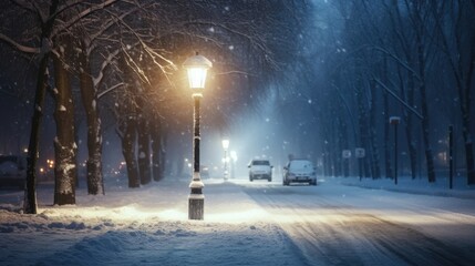 Winter street lamp in the city at night. Beautiful winter landscape. AI generated