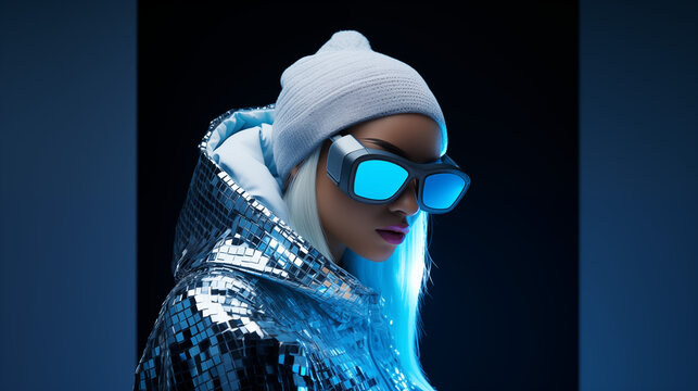 Concept of hip hop singer of the future with trendy and shiny clothes. White haired afro bipoc girl isolated on blue and black background, wearing big sunglasses