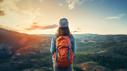 Back view of young woman hiker with backpack standing on top of a mountain and looking at the sunset, AI generated - obrazy, fototapety, plakaty