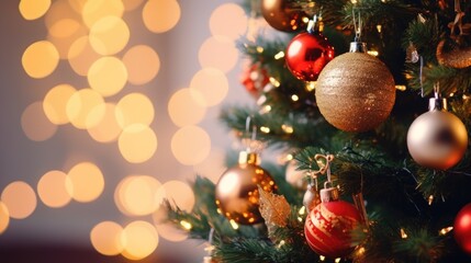 Christmas tree with golden and red baubles on bokeh background, AI generated