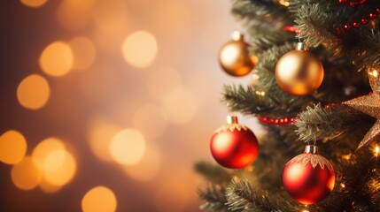 Christmas tree with red baubles on bokeh background. AI generated