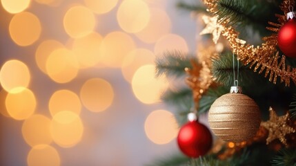 Christmas tree with decorations on blurred lights background, closeup. Space for text. AI generated