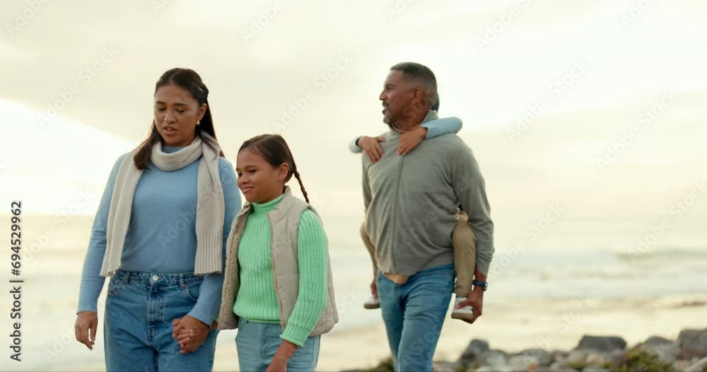 Sticker Family is walking on beach, parents and children outdoor with bonding and love in nature. Communication, trust and care with man, woman and young kids, spending time together and travel with peace