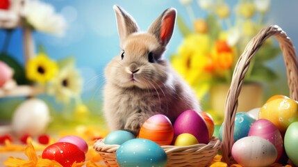 Vibrant background adorned with a charming bunny, colorful eggs, and festive cheer